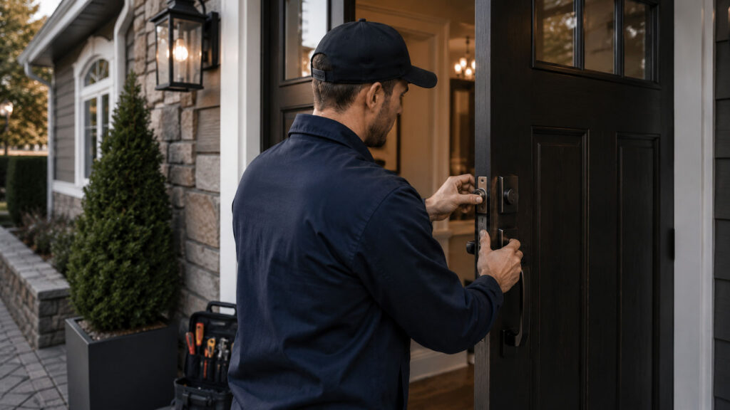 Locksmith installing a residential door lock